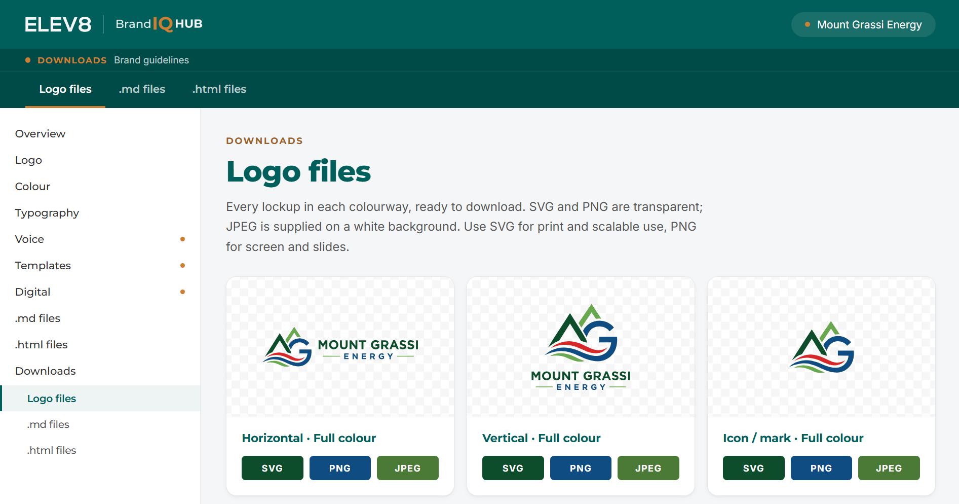 The BrandIQ Hub downloads page: every logo lockup in each colourway, ready to download as SVG, PNG or JPEG.